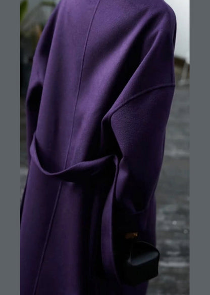 Purple Pockets Tie Waist Patchwork Woolen Coat Winter