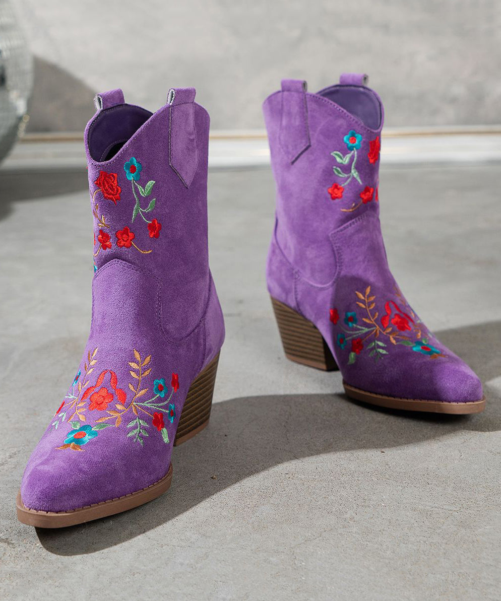 Purple Pointed Embossed Boots Suede Chunky Ankle Boots