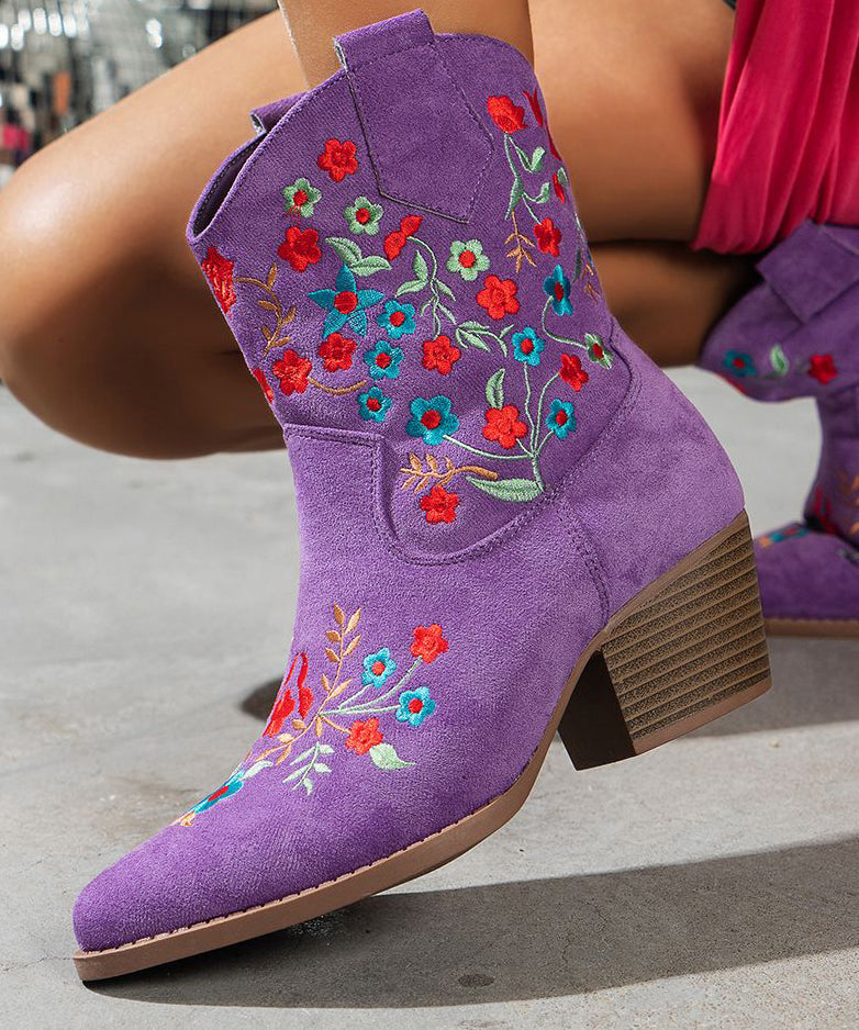 Purple Pointed Embossed Boots Suede Chunky Ankle Boots