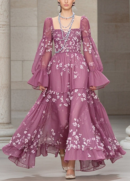 Purple Print Chiffon Dresses Exra Large Hem Fall
