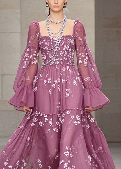 Purple Print Chiffon Dresses Exra Large Hem Fall