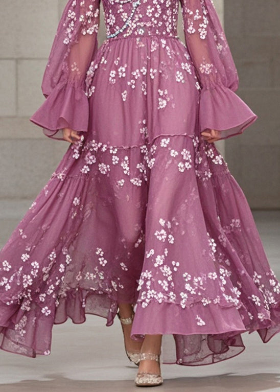 Purple Print Chiffon Dresses Exra Large Hem Fall