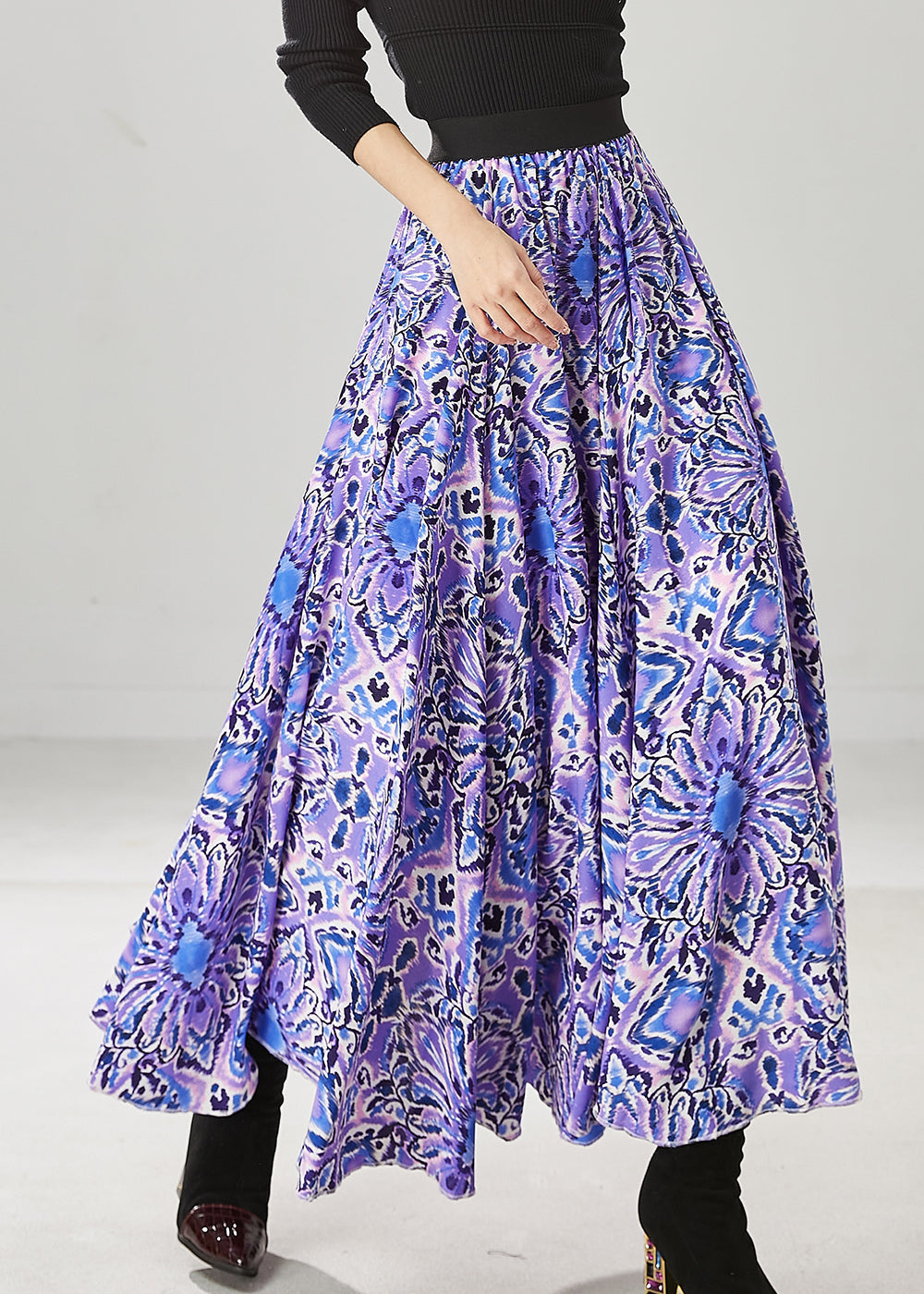 Purple Print Elastic Waist Chiffon Dance Skirts Spring