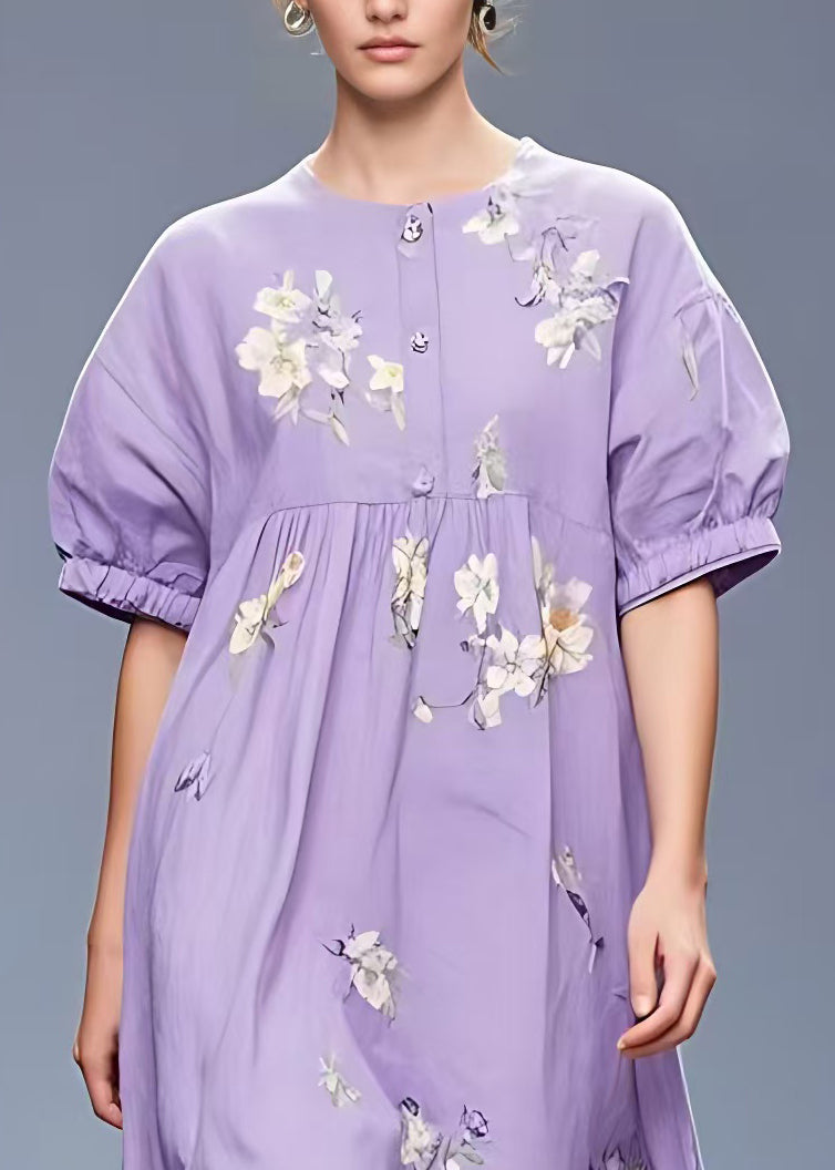 Purple Print Low High Design Cotton Dress Summer