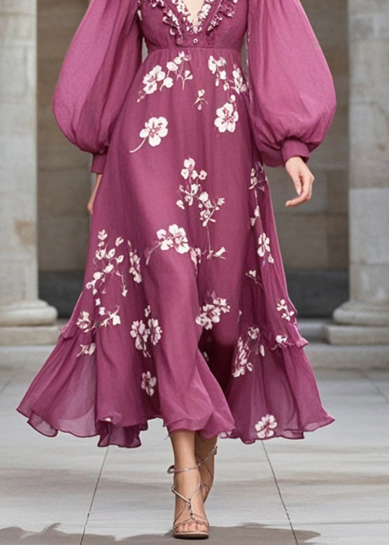 Purple Ruffled Print Chiffon Robe Dresses Fall