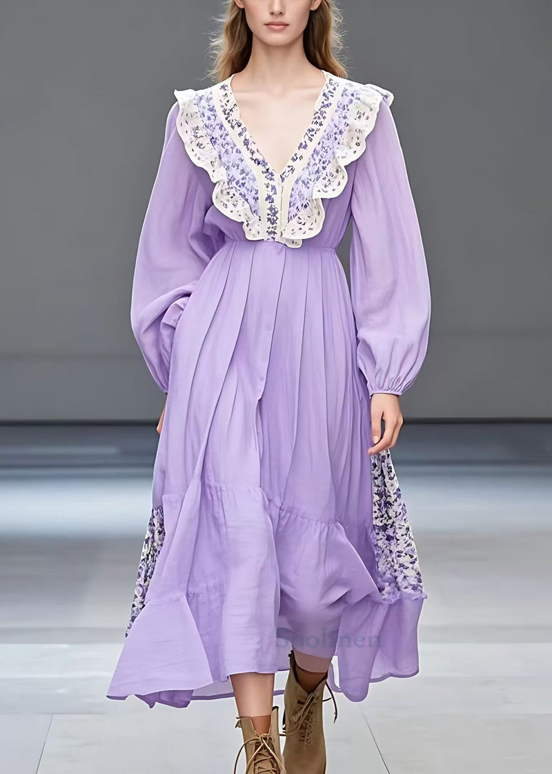 Purple Ruffled Print Patchwork Cotton Dresses Long Sleeve