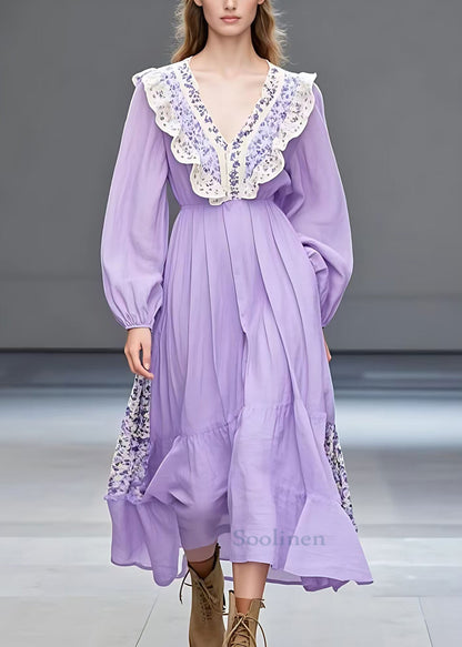 Purple Ruffled Print Patchwork Cotton Dresses Long Sleeve