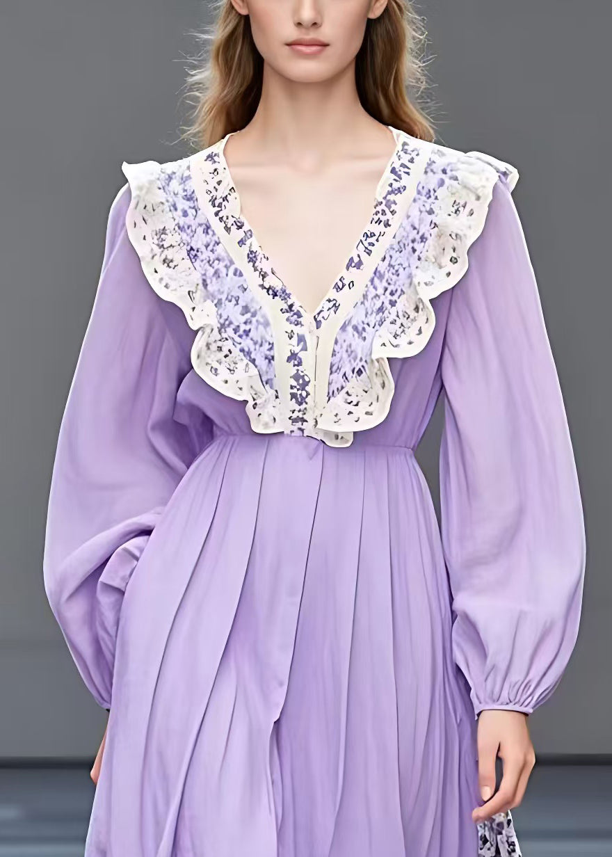 Purple Ruffled Print Patchwork Cotton Dresses Long Sleeve