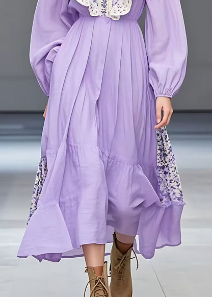 Purple Ruffled Print Patchwork Cotton Dresses Long Sleeve