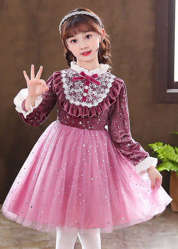 Purple Ruffled Velour Patchwork Tulle Baby Dress Fall