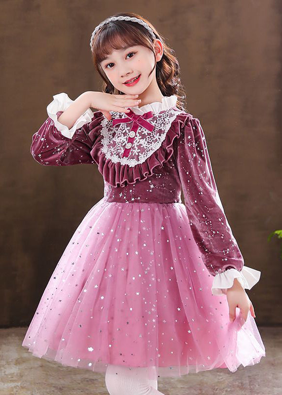 Purple Ruffled Velour Patchwork Tulle Baby Dress Fall