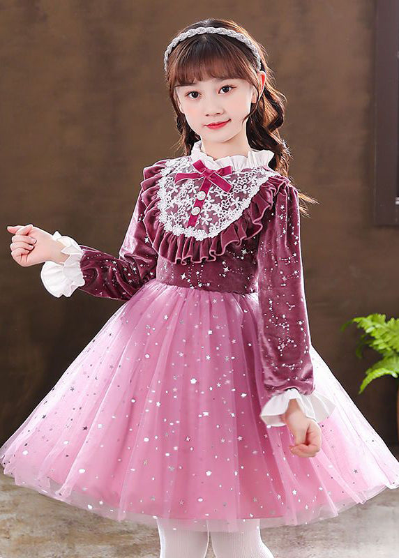 Purple Ruffled Velour Patchwork Tulle Baby Dress Fall