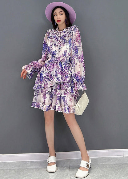 Purple Stand Collarasymmetrical Ruffled Chiffon Mid Dress Long Sleeve