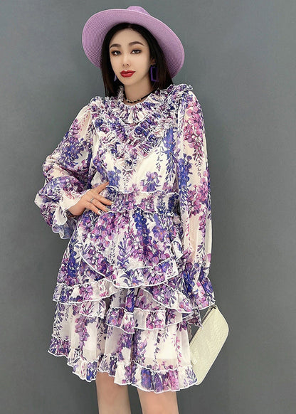 Purple Stand Collarasymmetrical Ruffled Chiffon Mid Dress Long Sleeve