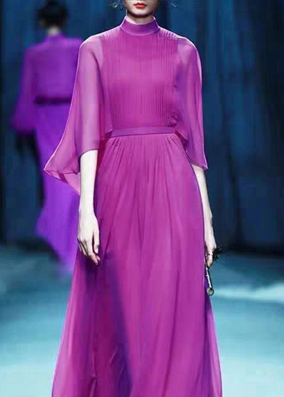 Purple Turtleneck High Waist Chiffon Long Dresses Three Quarter Sleeve