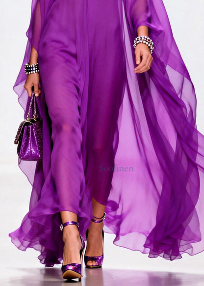 Purple V Neck Exra Large Hem Chiffon Holiday Dress Summer