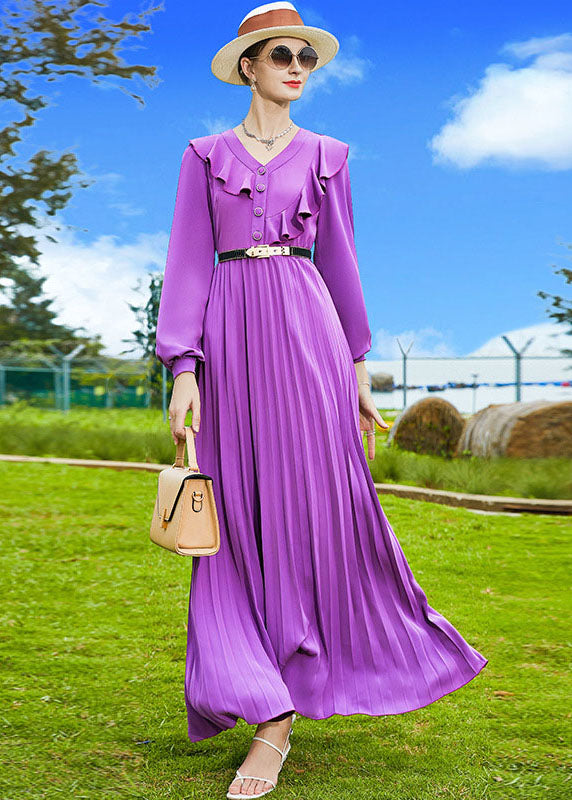 Purple V Neck Patchwork Ruffles Chiffon Pleated Dress Spring