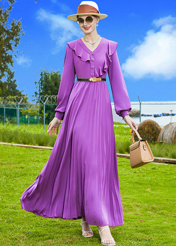 Purple V Neck Patchwork Ruffles Chiffon Pleated Dress Spring