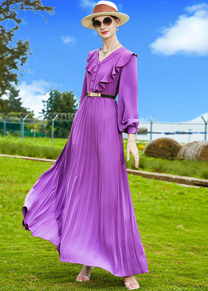 Purple V Neck Patchwork Ruffles Chiffon Pleated Dress Spring