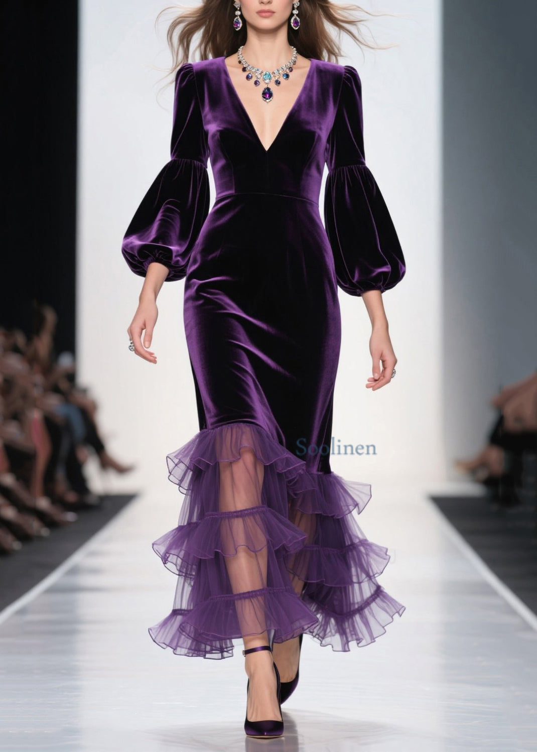 Purple V Neck Ruffled Patchwork Velvet Maxi Dresses Spring