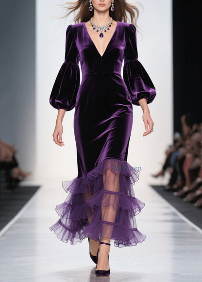 Purple V Neck Ruffled Patchwork Velvet Maxi Dresses Spring