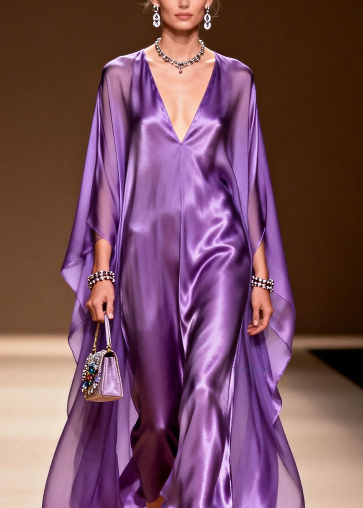 Purple V Neck Silk Long Dress Spring
