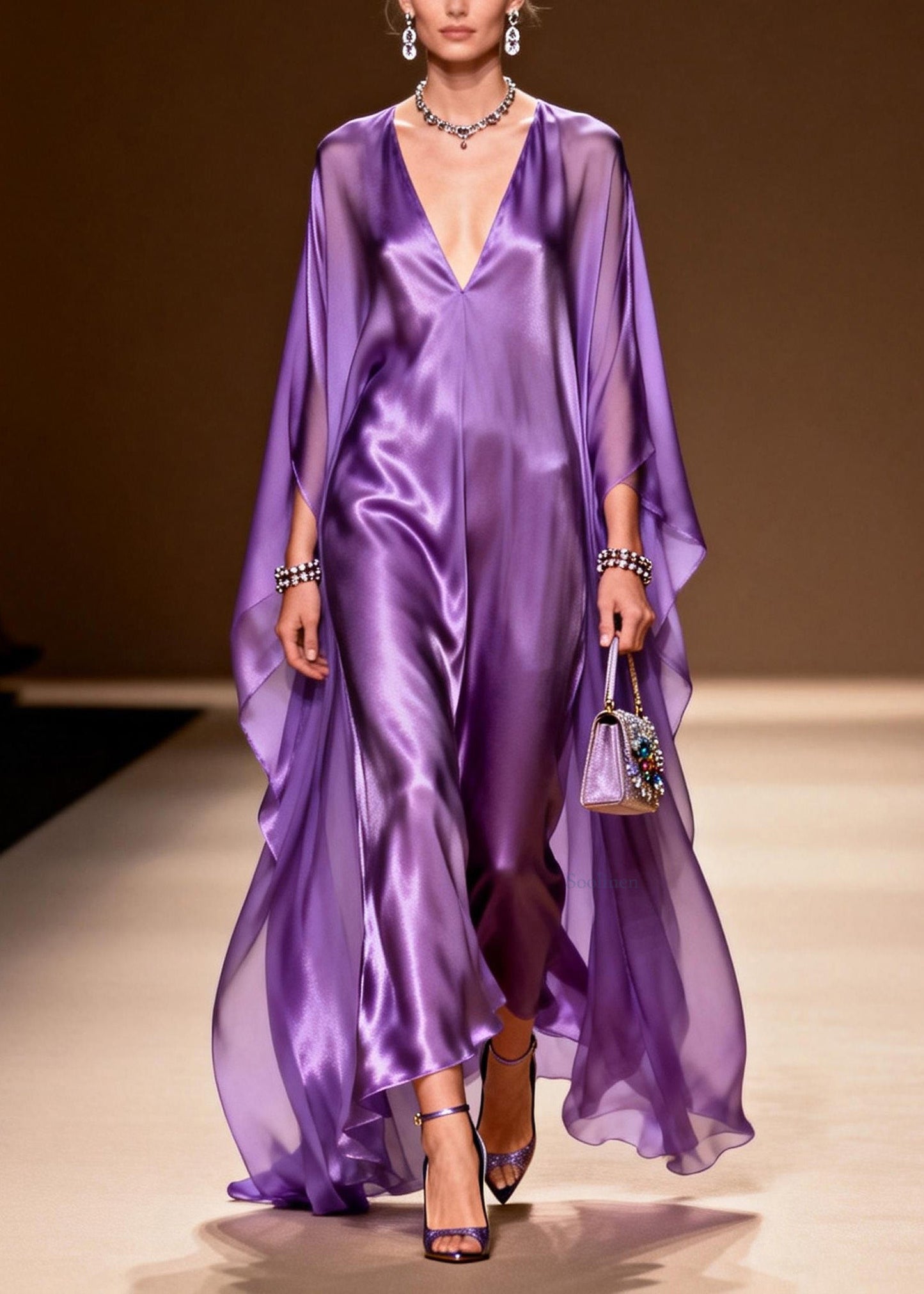 Purple V Neck Silk Long Dress Spring