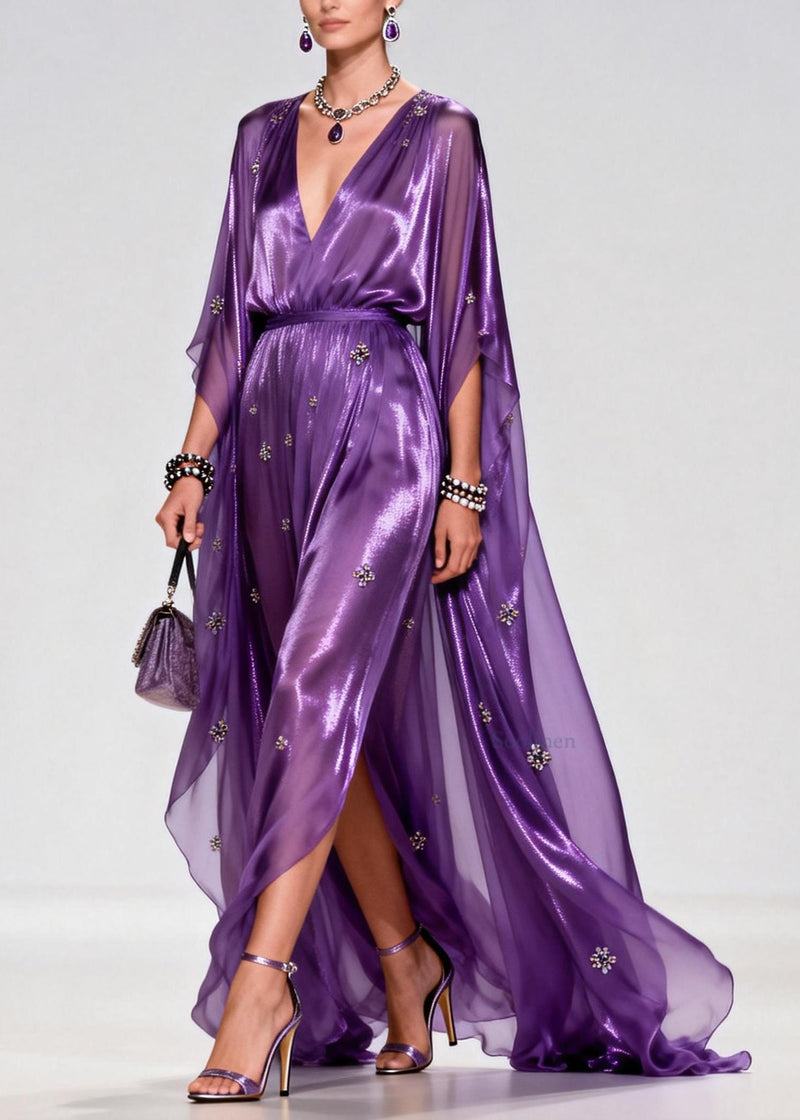 Purple V Neck Zircon Chiffon Long Dress Summer