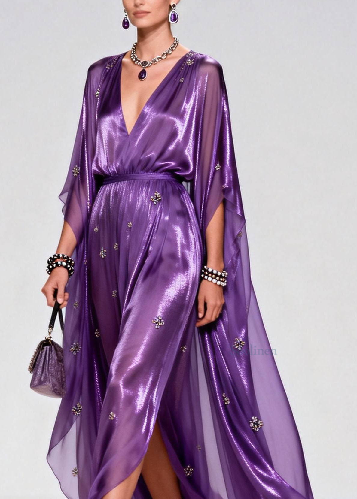 Purple V Neck Zircon Chiffon Long Dress Summer