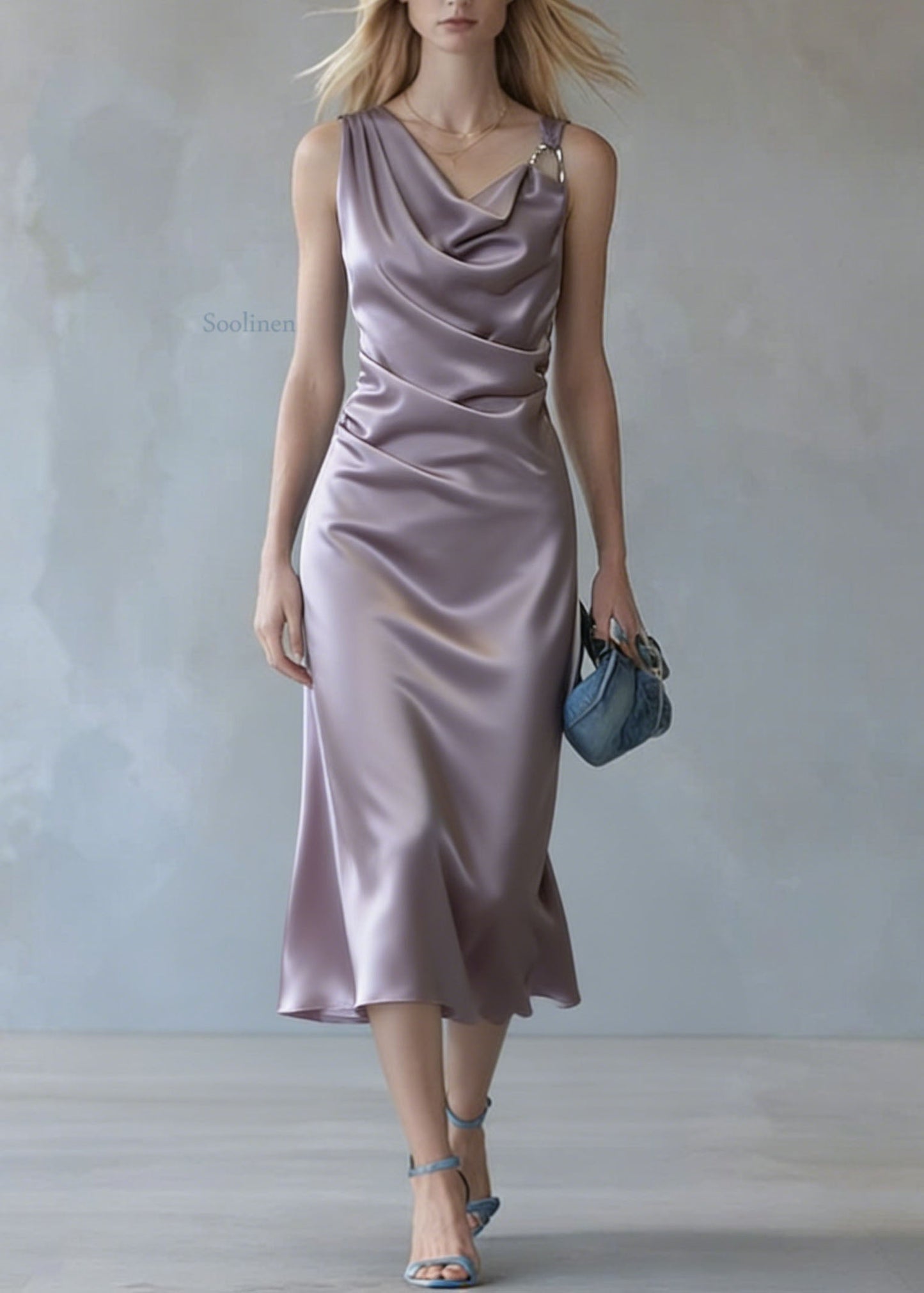 Purple Wrinkled Silk Spaghetti Strap Dress Summer