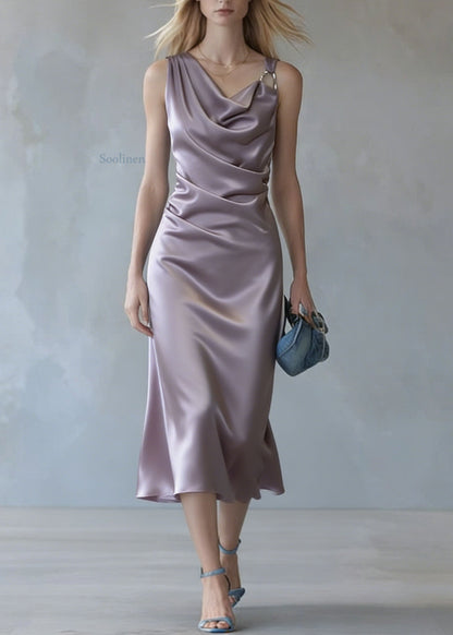 Purple Wrinkled Silk Spaghetti Strap Dress Summer