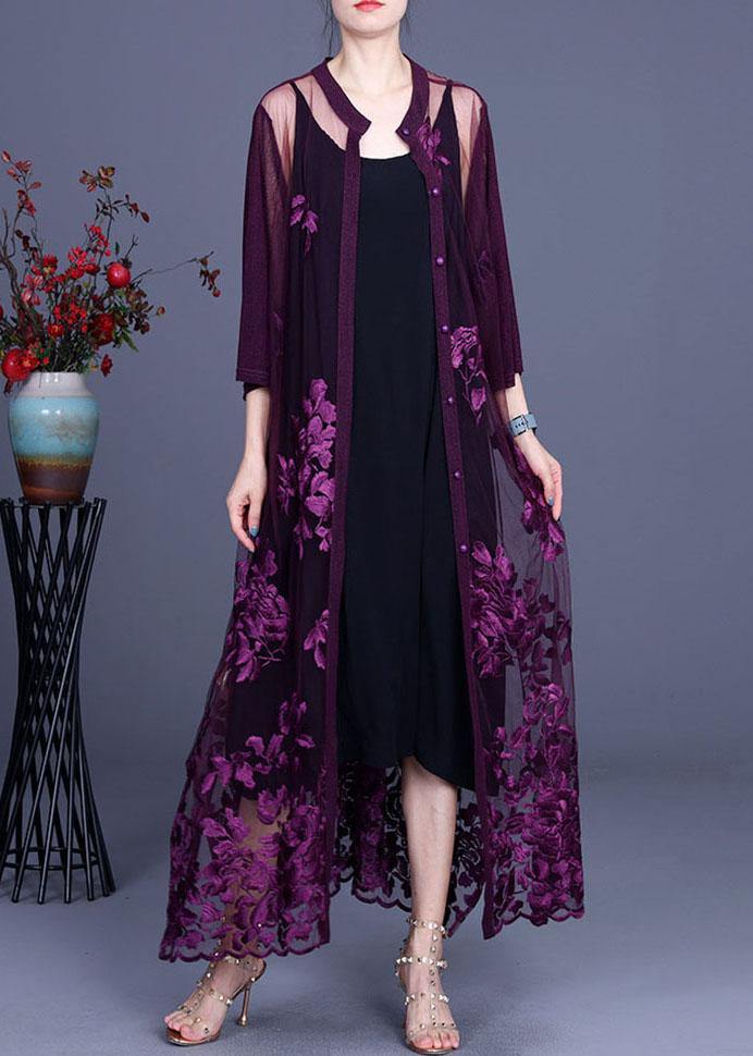 Purple Tulle Embroideried Cardigans Two Piece Set Clothing