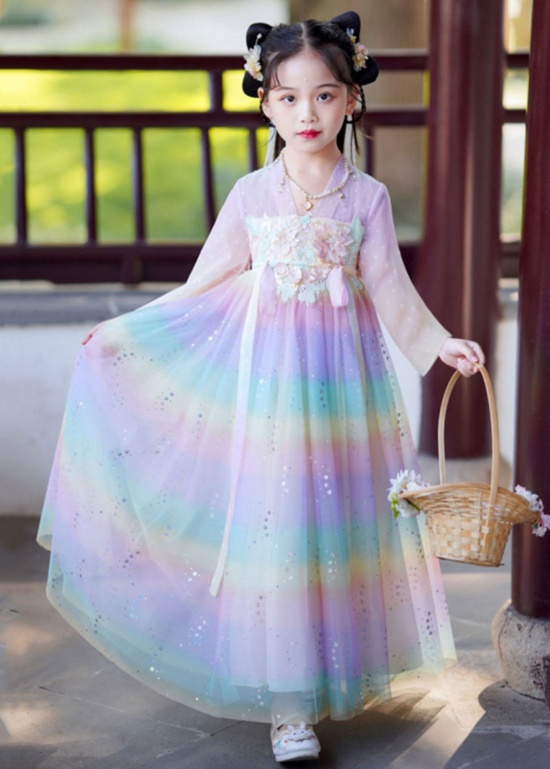 Rainbow Gradient Color Patchwork Tulle Kids Vacation Long Dresses Long Sleeve