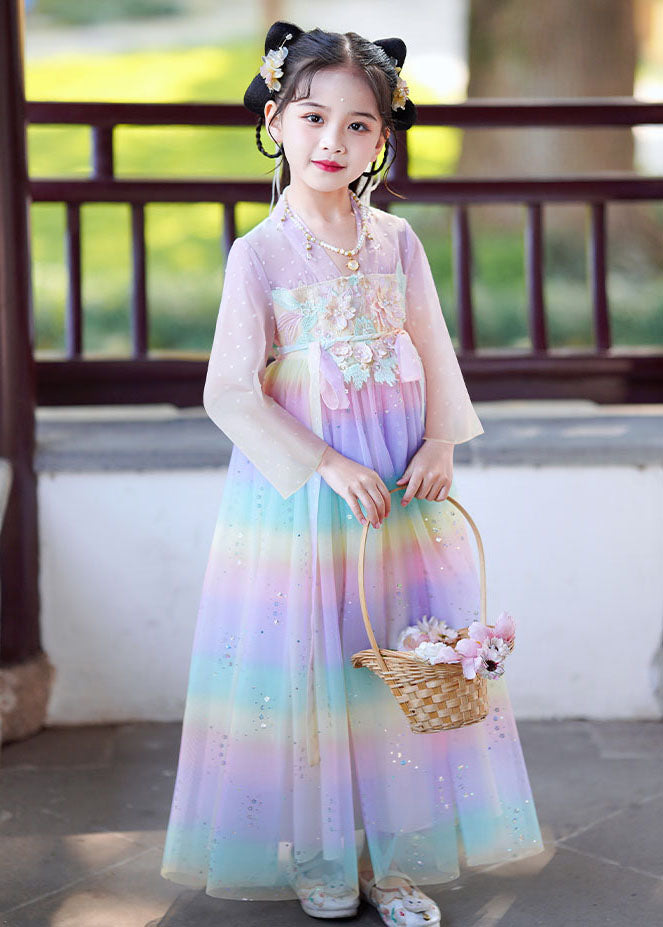 Rainbow Gradient Color Patchwork Tulle Kids Vacation Long Dresses Long Sleeve