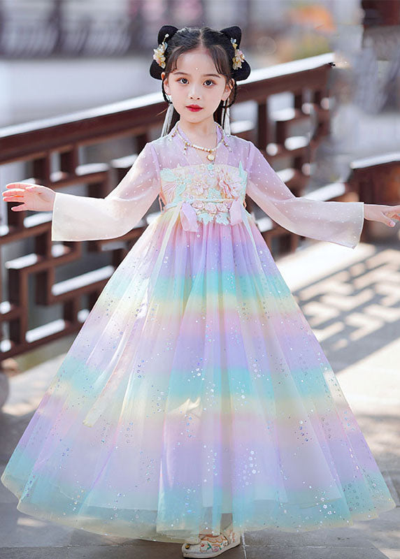 Rainbow Gradient Color Patchwork Tulle Kids Vacation Long Dresses Long Sleeve