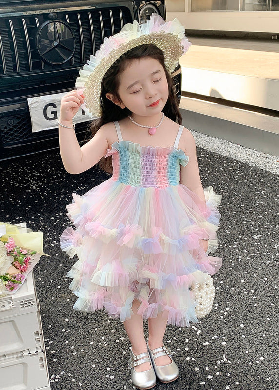 Rainbow Ruffled Exra Large Hem Tulle Kids Spaghetti Strap Dress Summer