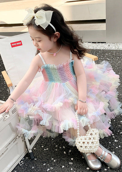 Rainbow Ruffled Exra Large Hem Tulle Kids Spaghetti Strap Dress Summer