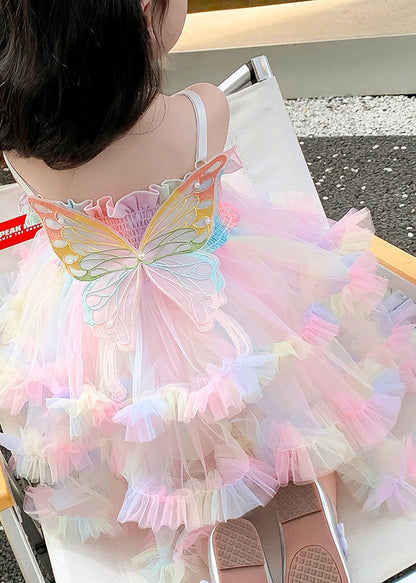 Rainbow Ruffled Exra Large Hem Tulle Kids Spaghetti Strap Dress Summer