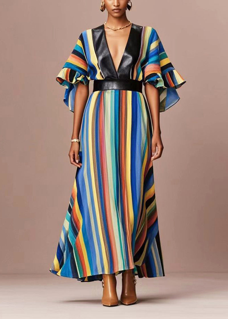 Rainbow Striped Cotton Cinched Dress Flare Sleeve