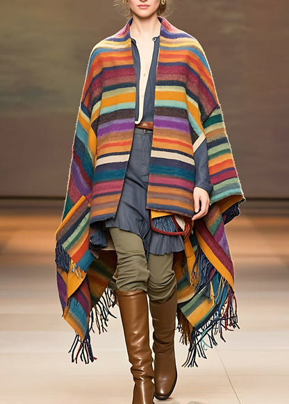 Rainbow V Neck Tassel Low High Design Woolen Coats Fall