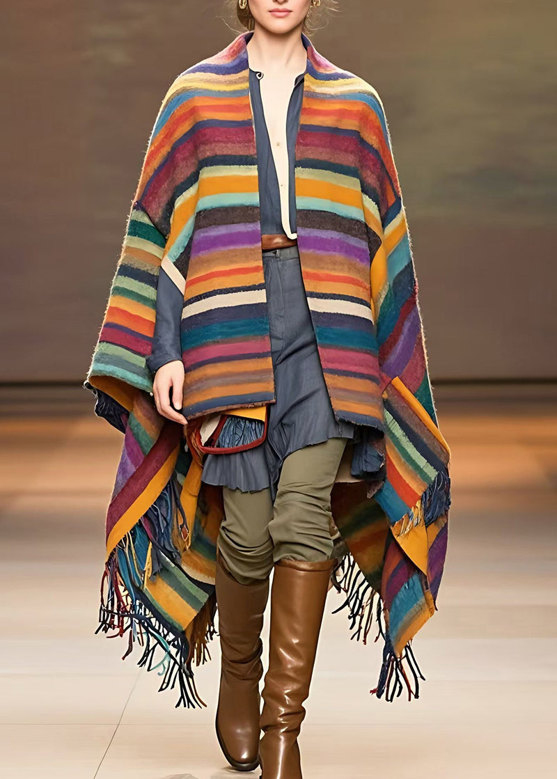 Rainbow V Neck Tassel Low High Design Woolen Coats Fall
