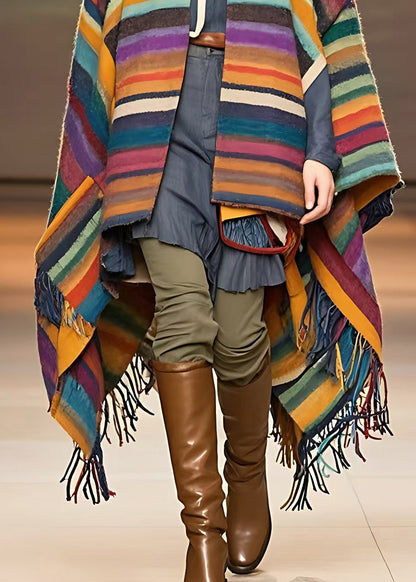 Rainbow V Neck Tassel Low High Design Woolen Coats Fall