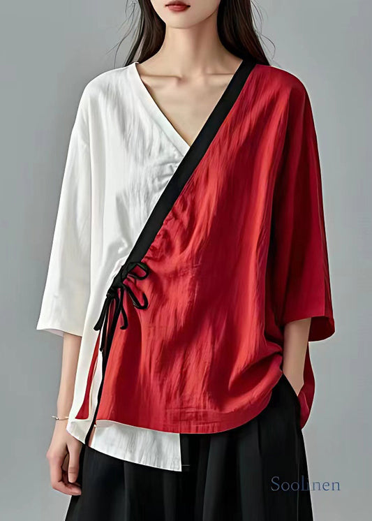 Red Asymmetrical Lace Up Cotton Tops Bracelet Sleeve