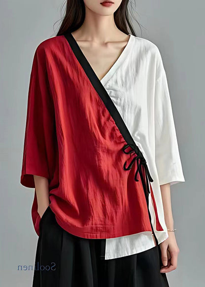 Red Asymmetrical Lace Up Cotton Tops Bracelet Sleeve