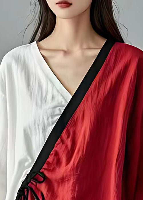 Red Asymmetrical Lace Up Cotton Tops Bracelet Sleeve