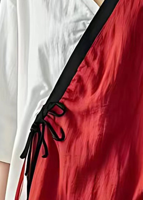 Red Asymmetrical Lace Up Cotton Tops Bracelet Sleeve