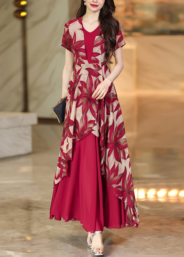 Red Asymmetrical Patchwork Print Chiffon Dress Summer