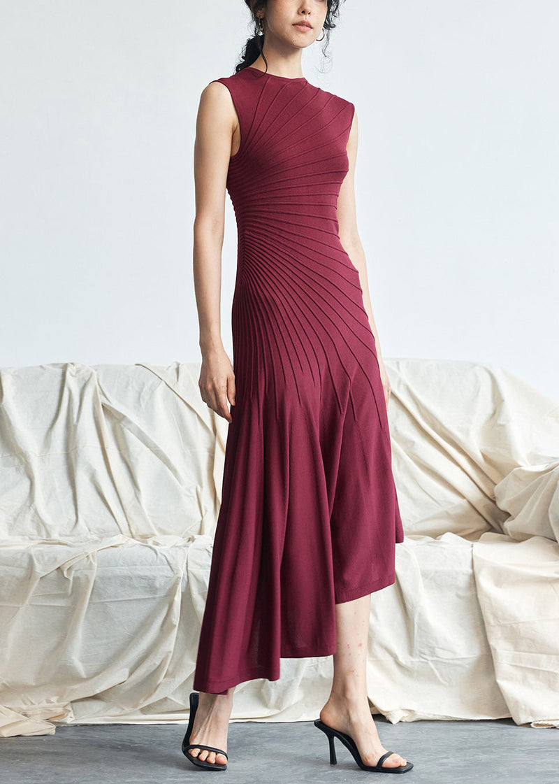 Red Asymmetrical Striped Cotton Long Dresses Sleeveless