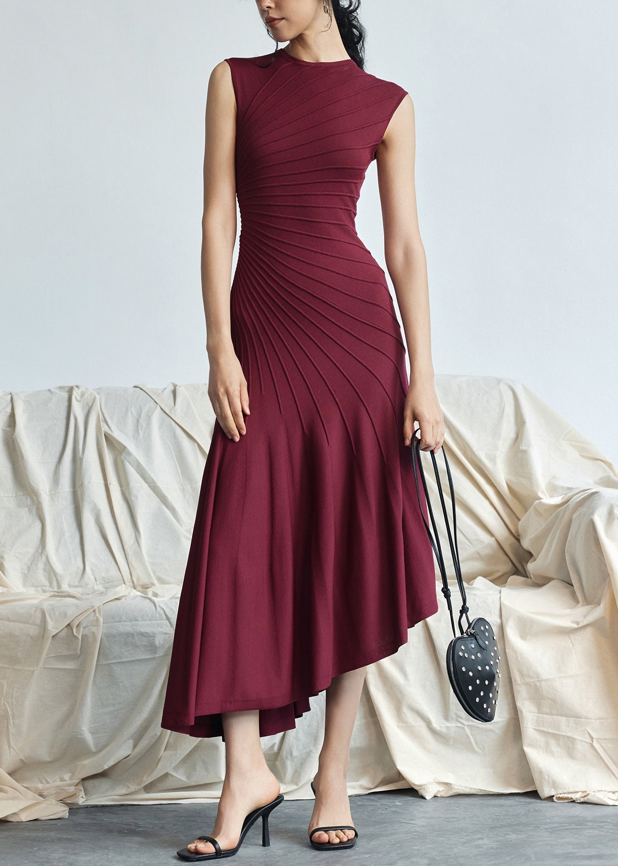 Red Asymmetrical Striped Cotton Long Dresses Sleeveless