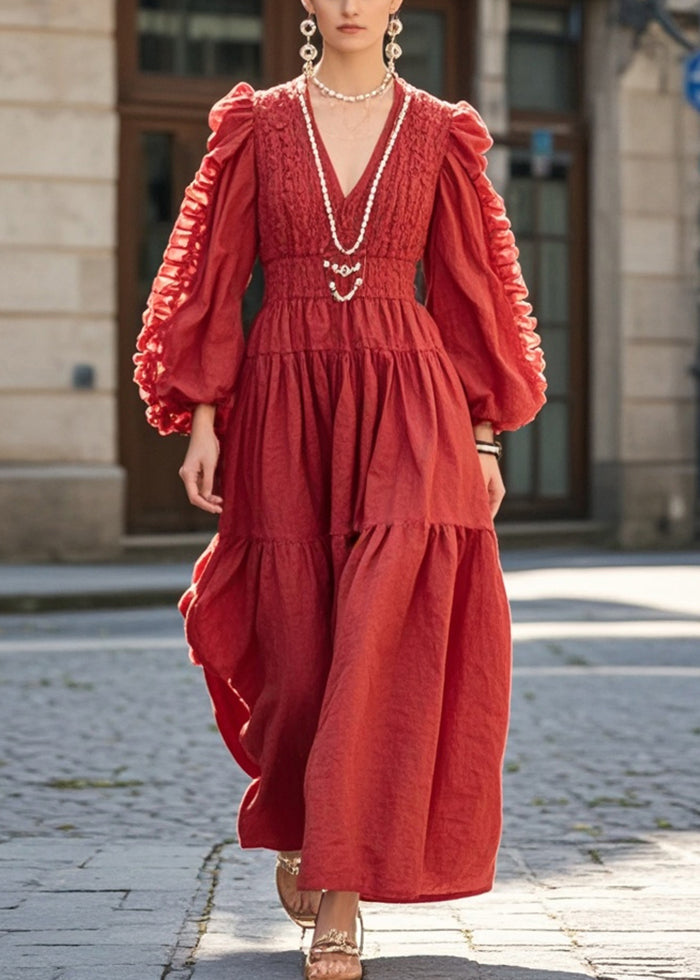 Red Cinched Wrinkled Cotton Holiday Dress Spring